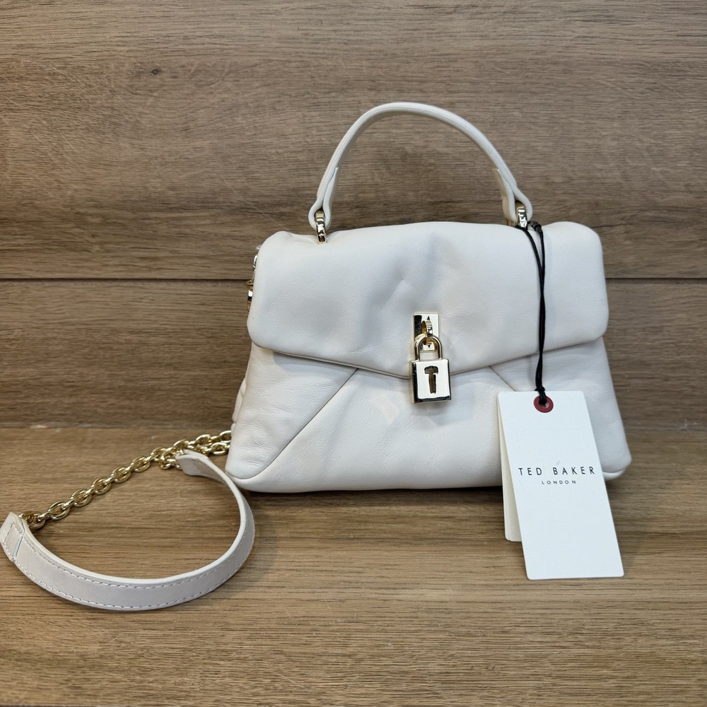 Ted Baker Poppy Small Satchel Crossbody Handbag Lock White Cream Leather NEW